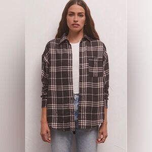 Z Supply River Plaid Button Up Flannel  Shirt Black Bone XS Oversized $75